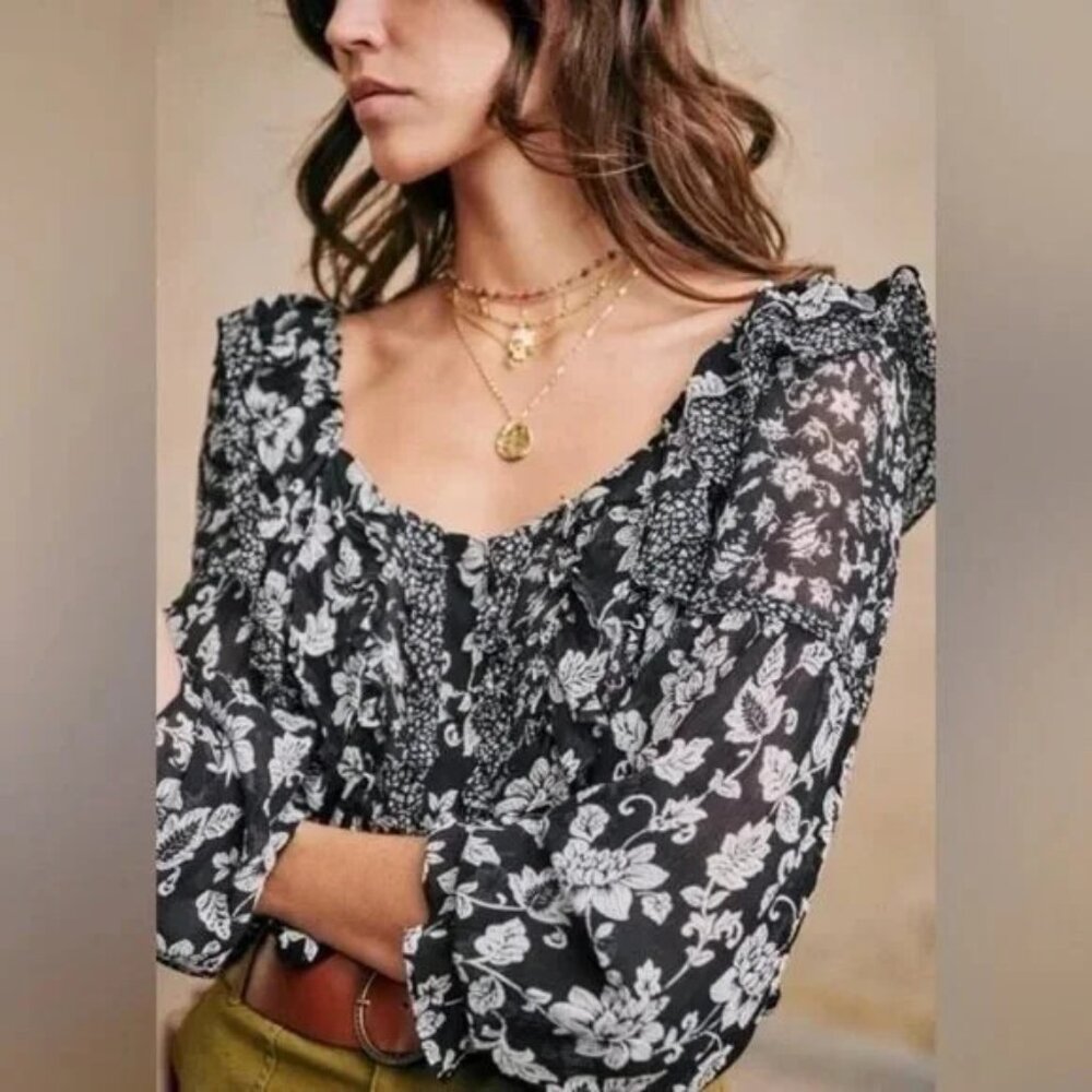 Sezane Black and White Floral Blouse